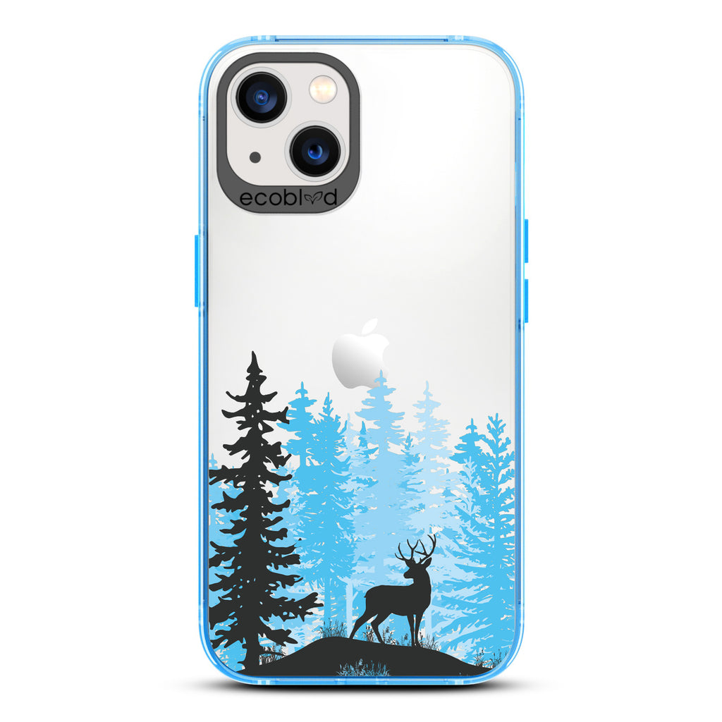 Winter Collection - Blue Compostable iPhone 13 Case - Wild Stag Standing On Boulder In The Woods On Clear Back
