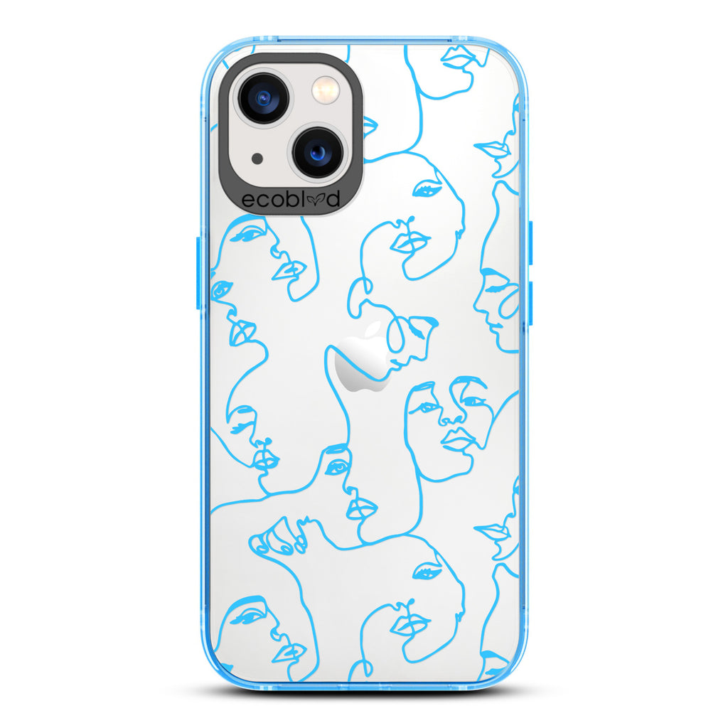 Contemporary Collection - Blue Compostable iPhone 13 Case - Line Art Of A Woman's Face On A Clear Back