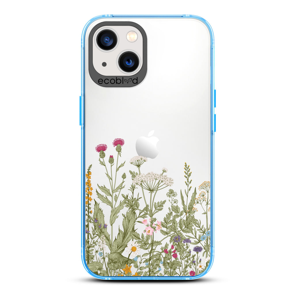 Spring Collection - Blue Compostable iPhone 13 Case - Wild Herbs & Flowers Botanical Herbarium On A Clear Back