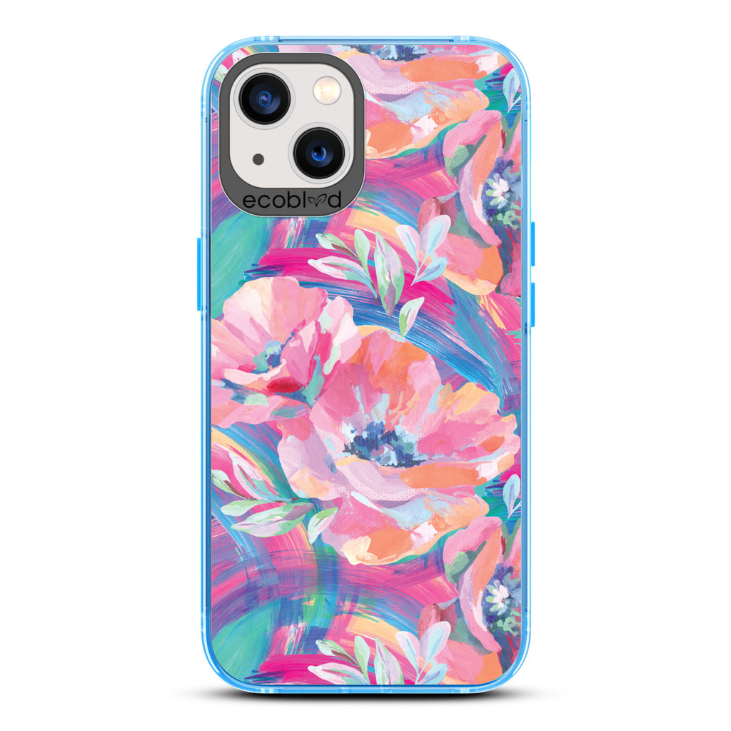 Spring Collection - Blue Compostable iPhone 13 Case - Pastel-Colored Abstract Painting Of Poppies On Clear Back