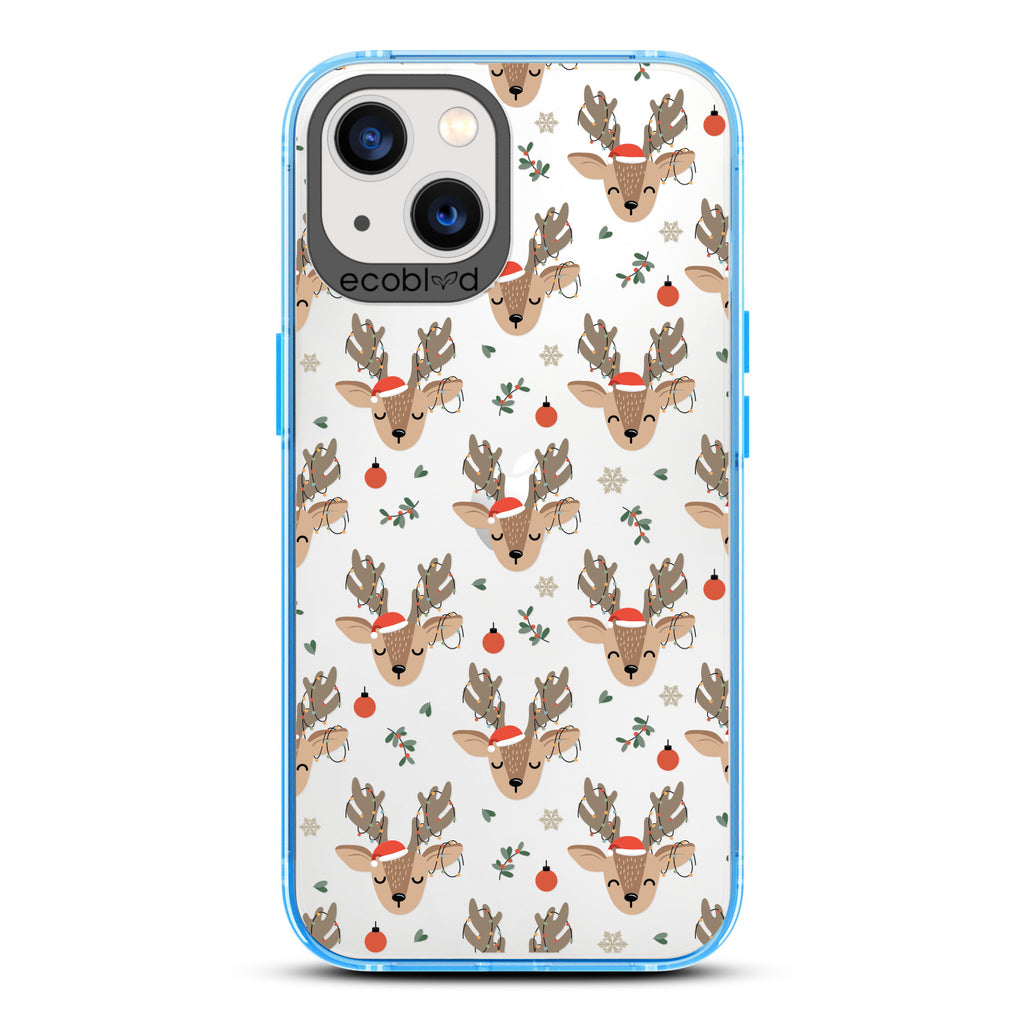 Winter Collection - Blue Laguna iPhone 13 Case With Reindeer Wearing Santa Hats & Christmas Lights On A Clear Back
