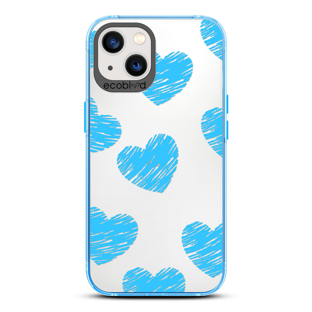 Love Collection - Blue Compostable iPhone 13 Case - Blue Scribbled Hearts On A Clear Back