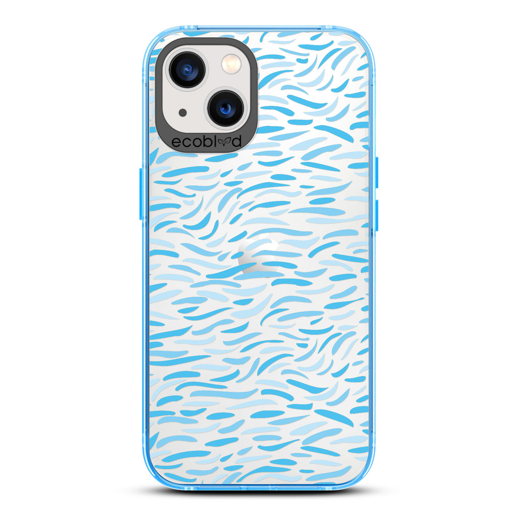 Timeless Collection - Blue Laguna Compostable iPhone 13 Case With Abstract Paint Brush Strokes On A Clear Back