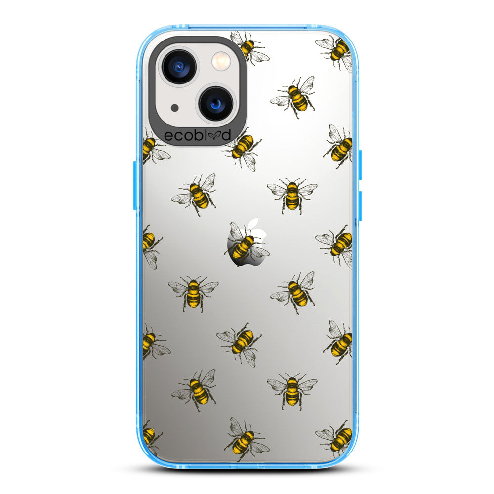 Laguna Collection - Blue Eco-Friendly iPhone 13 Case With A Honey Bees Design On A Clear Back - Compostable