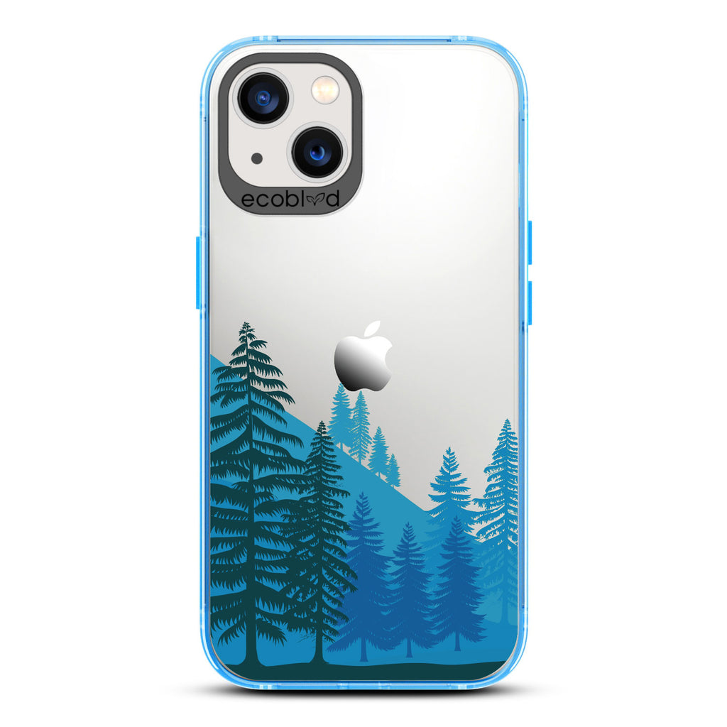 Laguna Collection - Blue Compostable iPhone 13 Case With A Minimalist Mountainside Pine Tree Forest On A Clear Back