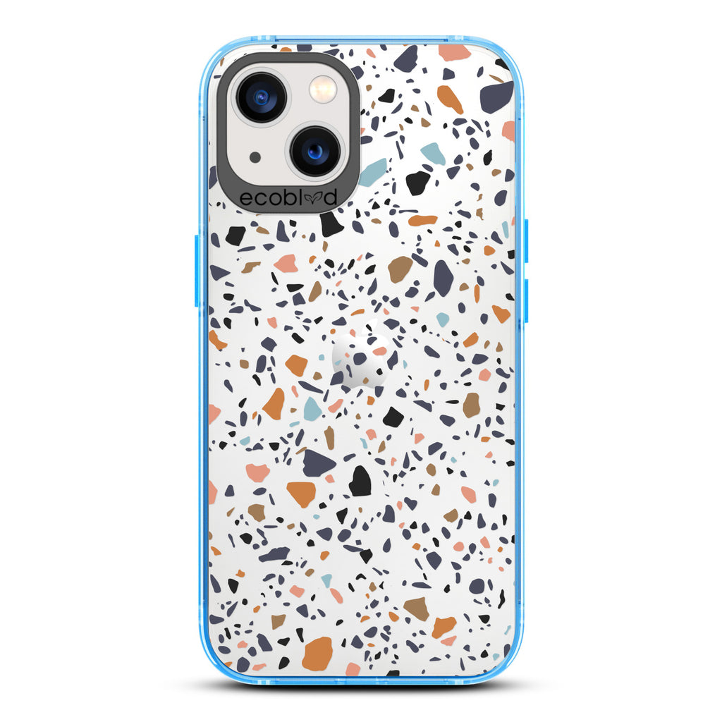 Timeless Collection - Blue Laguna Compostable iPhone 13 Case With A Speckled Terrazzo Pattern On A Clear Back