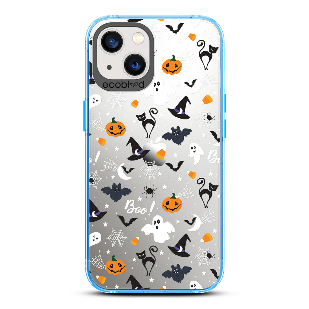 Halloween Collection - Blue Laguna iPhone 13 Case With Spiders, Ghosts & Other Spooky Characters On A Clear Back 