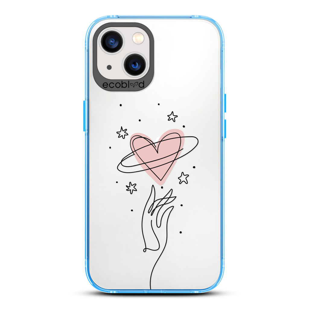 Be Still My Heart - Blue Compostable iPhone 13 Case - Line Art Hand Reaching Out For Pink Heart, Stars On Clear Back