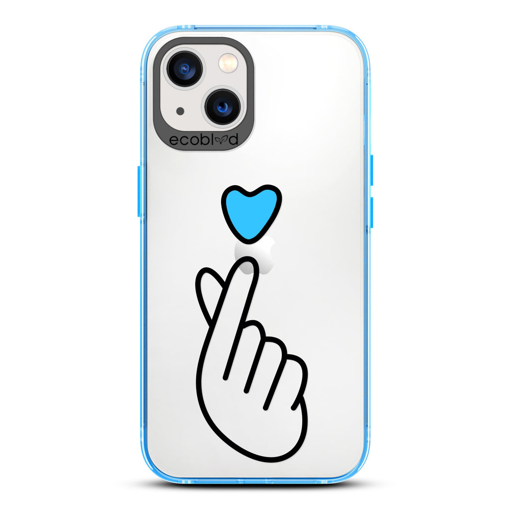 Love Collection - Blue  iPhone 13 Case - Blue Heart Above Hand With Index Finger & Thumb Crossed On A Clear Back