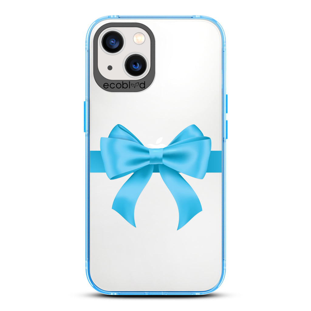 Winter Collection - Blue Eco-Friendly Laguna iPhone 13 Case With A Blue Gift Bow Printed On A Clear Back