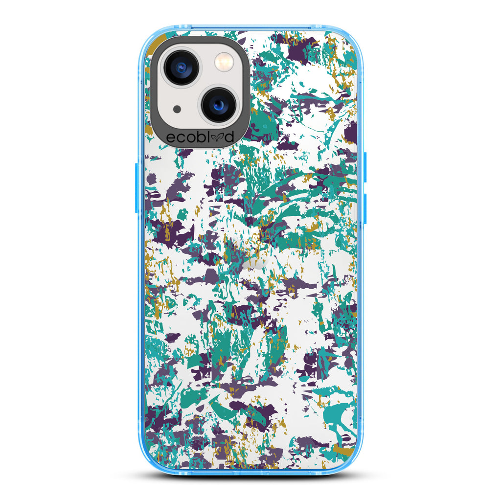 Contemporary Collection - Blue Compostable iPhone 13 Case - Abstract Expressionist Paint Splatter On A Clear Back