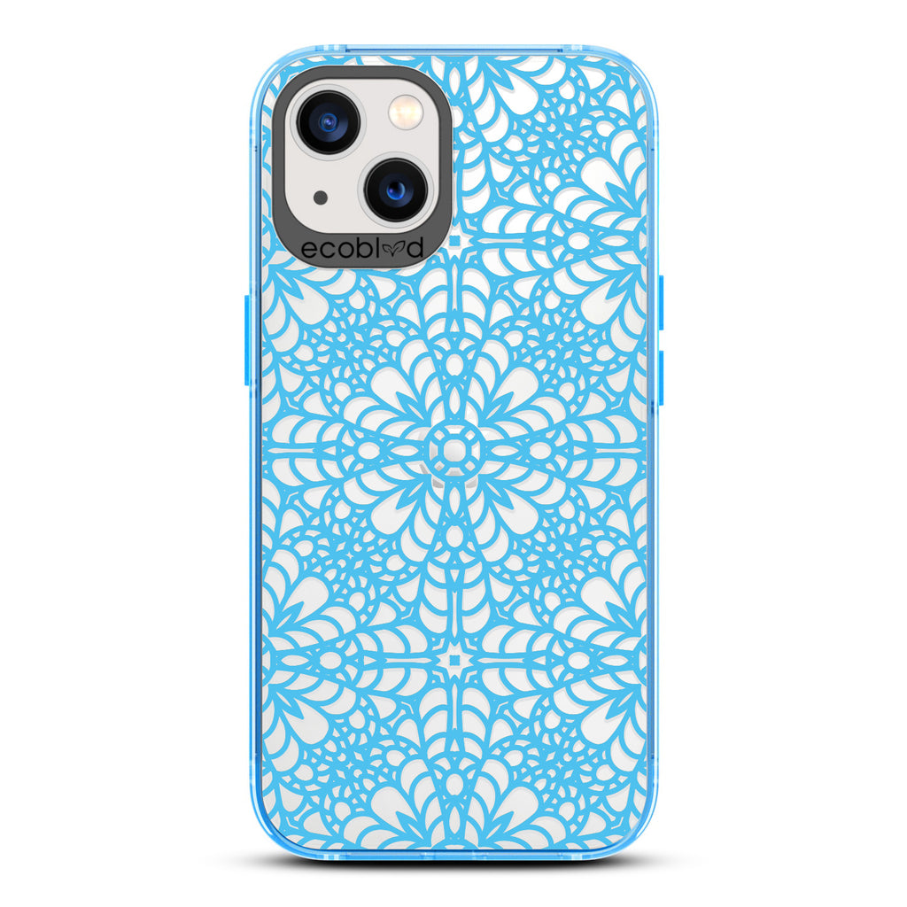 A Lil' Dainty - Blue Compostable iPhone 13 Case - Intricate Lace Tapestry Pattern On A Clear Back