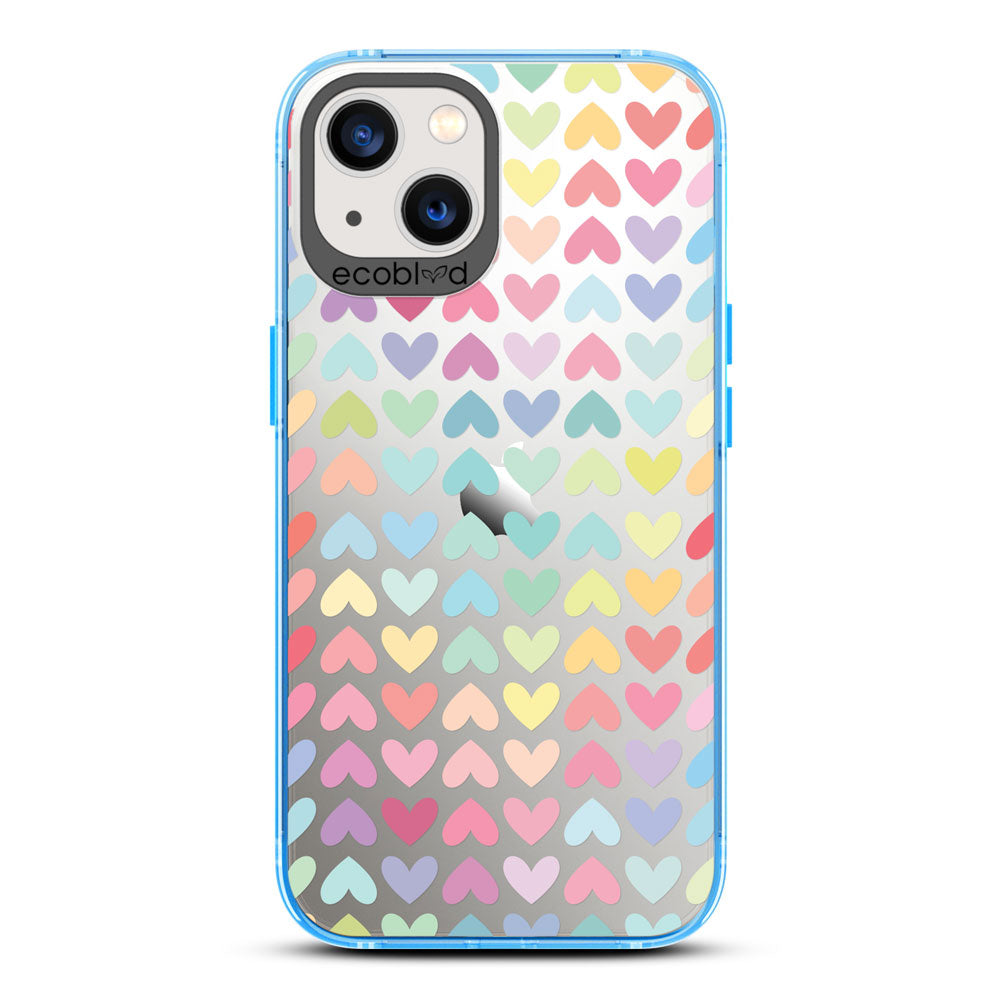 Laguna Collection - Blue Eco-Friendly iPhone 13 Case With A Pastel Rainbow Hearts Pattern On A Clear Back