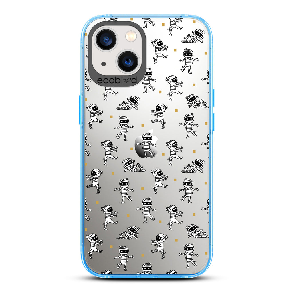 Halloween Collection - Blue Laguna iPhone 13 Case With Multiple Cartoon Mummies Walking & Laying On A Clear Back