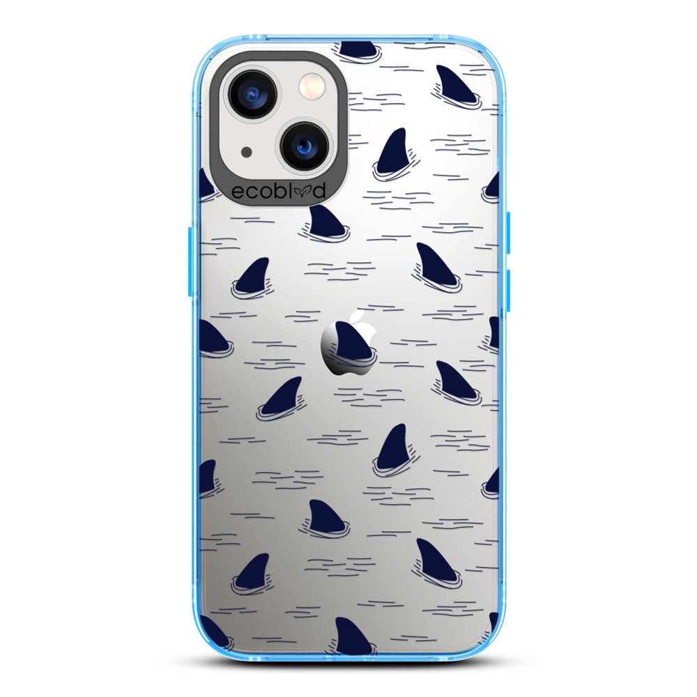 Laguna Collection - Blue iPhone 13 Case With Shark Fins Peeking From Water On A Clear Back - 6FT Drop Protection