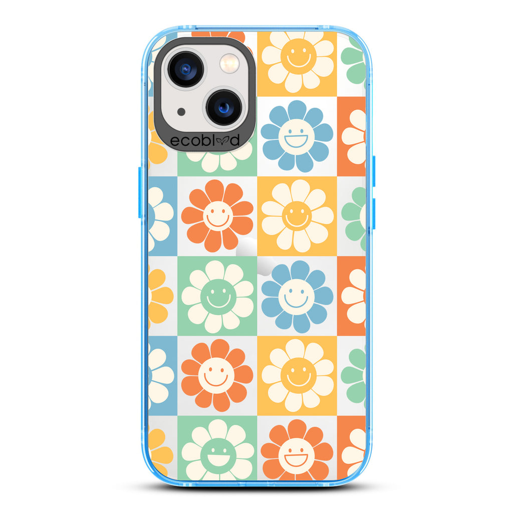 Spring Collection - Blue Compostable iPhone 13 Case - 70's Gingham Cartoon Flowers W/ Smiley Faces On A Clear Back