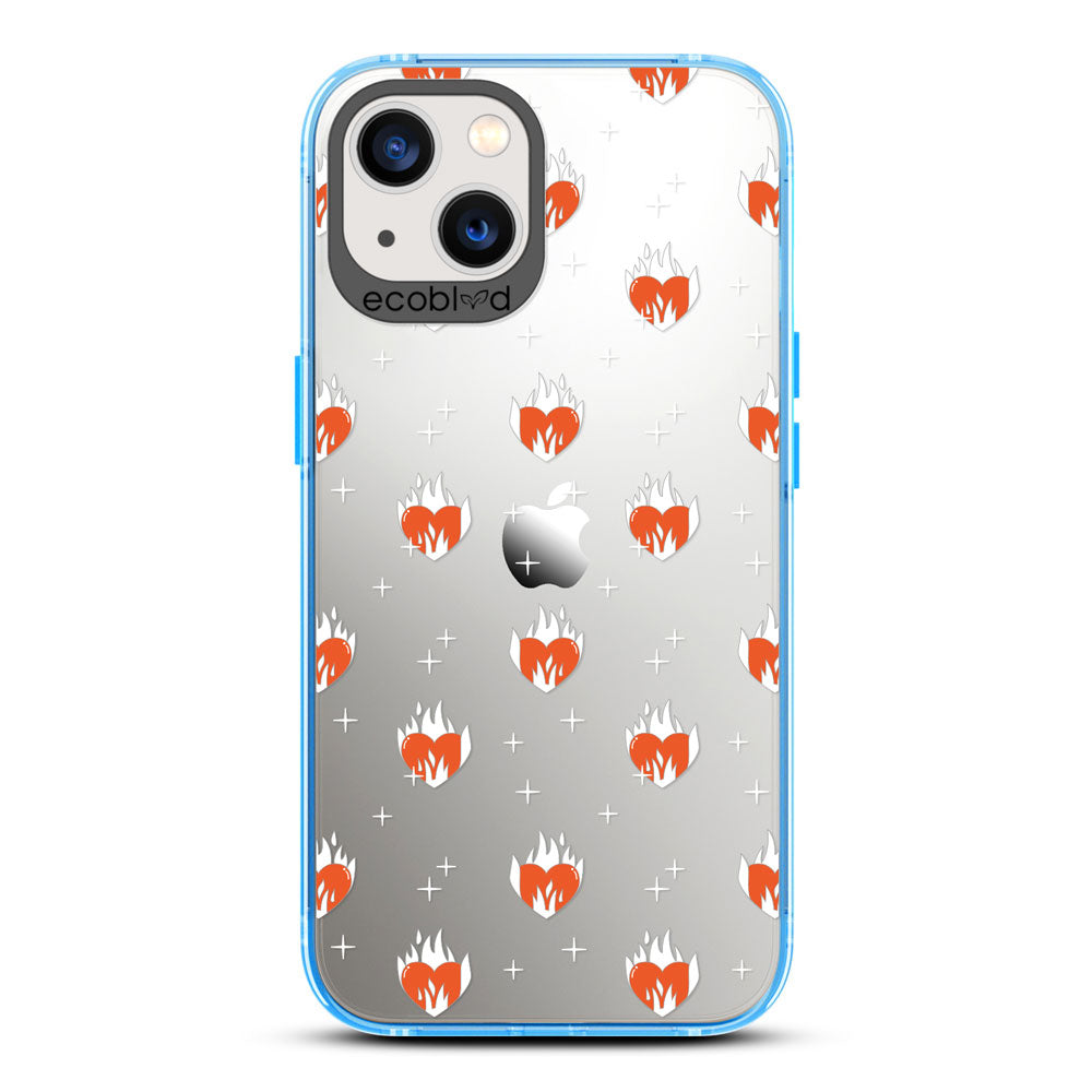Laguna Collection - Blue Eco-Friendly iPhone 13 Case With A Flaming Red Hearts & Stars Pattern On A Clear Back 