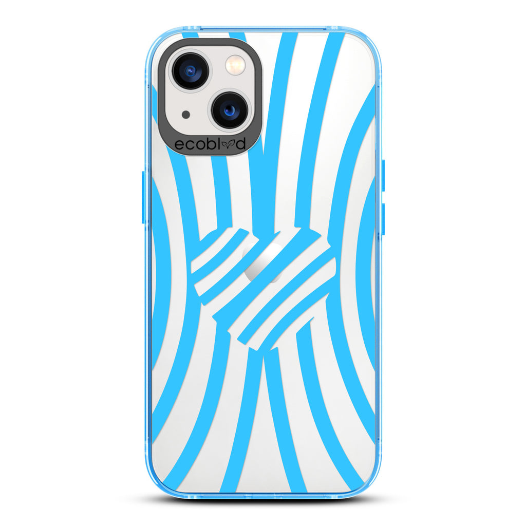 Love Collection - Blue Compostable iPhone 13 Case - Blue Zebra Stripes & A Heart In The Center On A Clear Back