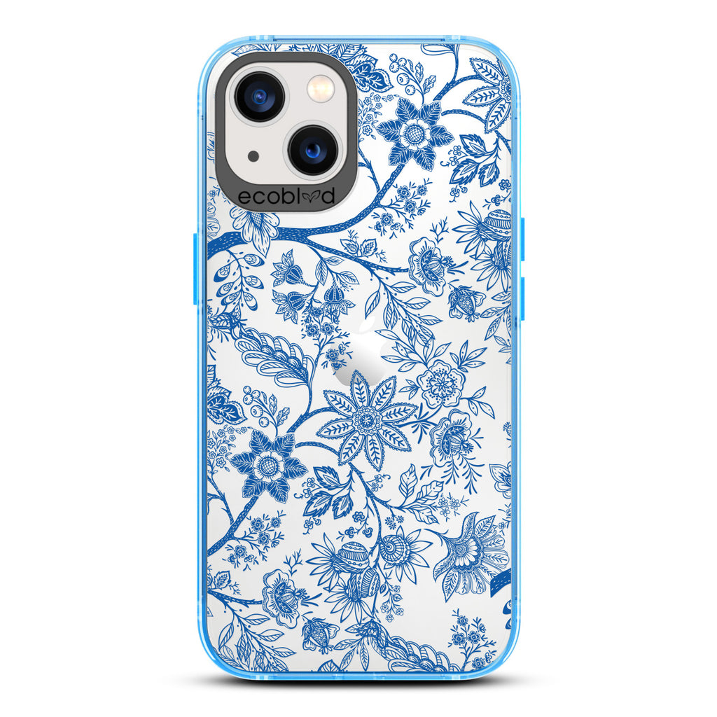 Timeless Collection - Blue Laguna Eco-Friendly iPhone 13 Case With Blue Toile De Jouy Floral Pattern On A Clear Back