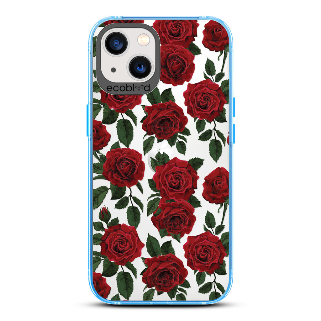  Love Collection - Blue Compostable iPhone 13 Case - Red Roses & Leaves On A Clear Back