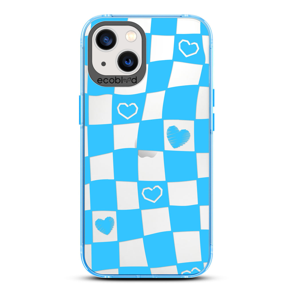 Love Collection - Blue Compostable iPhone 13 Case - Wavy Checkered Print & Scribbled Hearts On A Clear Back
