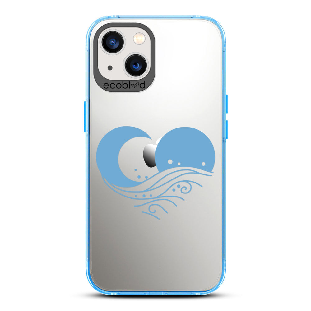 Laguna Collection - Blue Compostable iPhone 13 Case With The Sun, Moon & A Wave Forming A Heart On A Clear Back