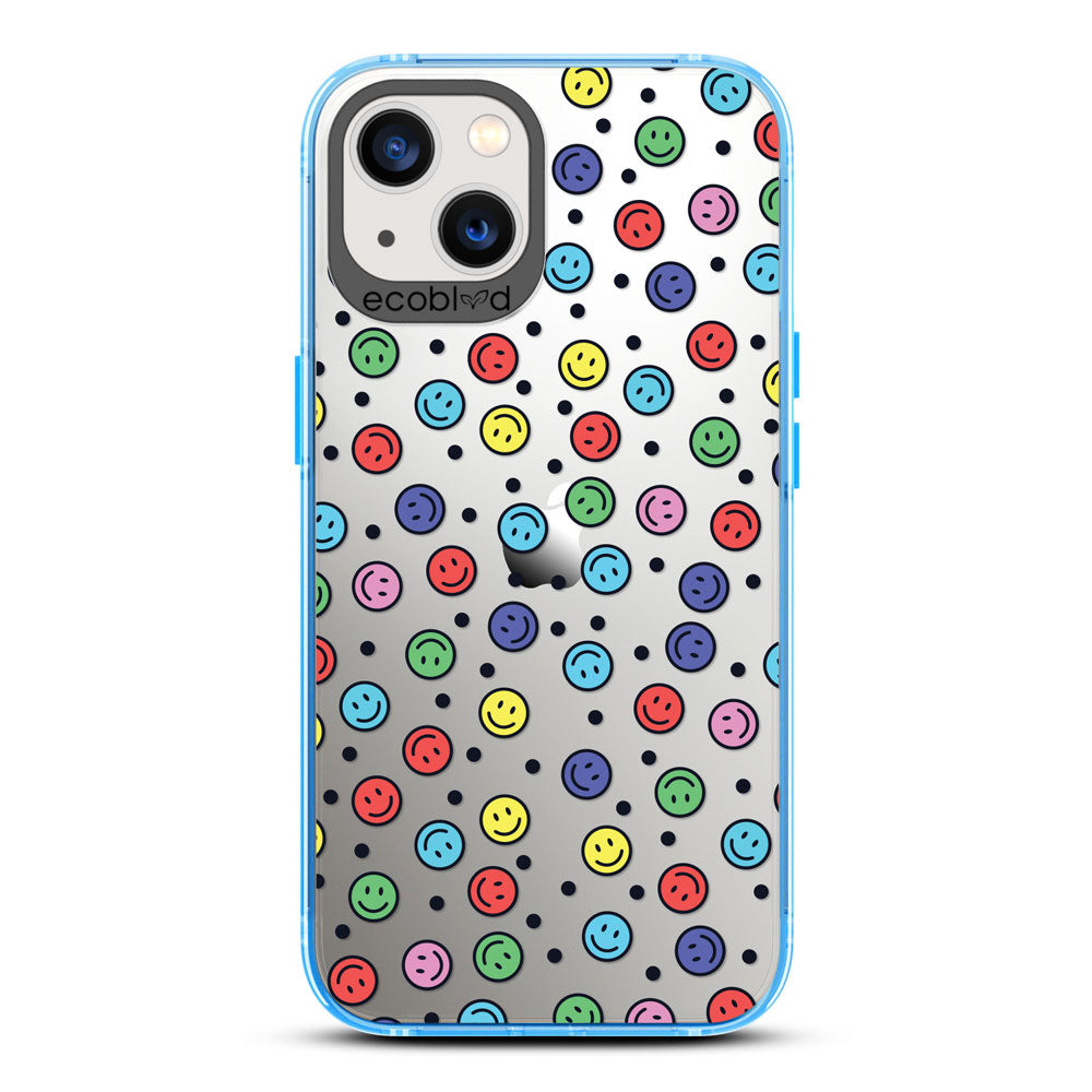 Laguna Collection - Blue Eco-Friendly iPhone 13 Case With Multicolored Smiley Faces & Black Dots On A Clear Back 