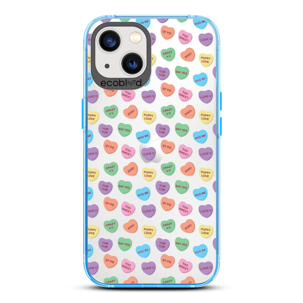 Love Collection - Blue Compostable iPhone 13 Case - Pastel Colored Candy Hearts With Romantic Quotes On Clear Back