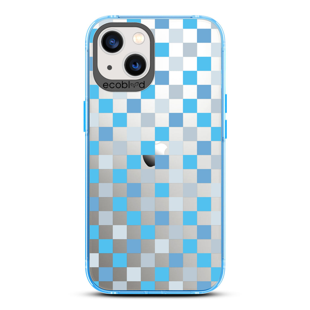 Laguna Collection - Blue Eco-Friendly iPhone 13 Case With A Checkered Print Pattern On A Clear Back - Compostable