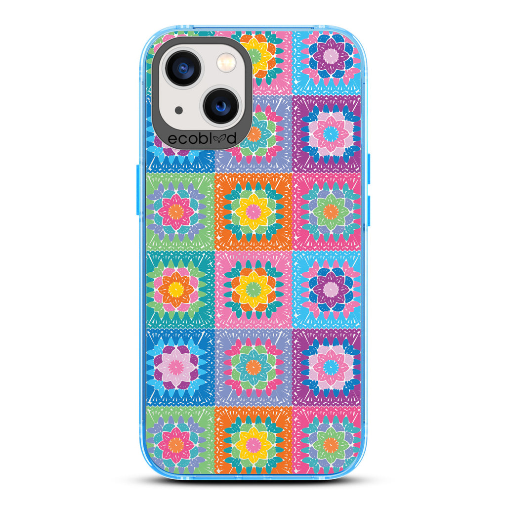 Spring Collection - Blue Compostable iPhone 13 Case - Pastel Vintage Granny Squares Crochet Pattern On A Clear Back
