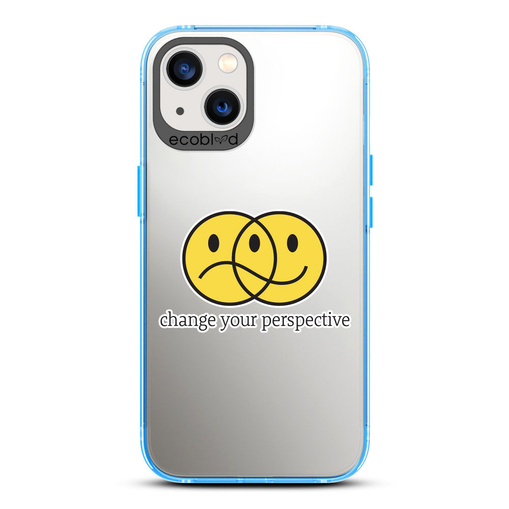 Laguna Collection - Blue Compostable iPhone 13 Case With A Happy/Sad Face & Change Your Perspective On A Clear Back