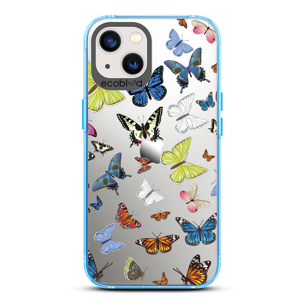 Laguna Collection - Blue iPhone 13 Case With Multicolored Butterflies On A Clear Back - 6FT Drop Protection