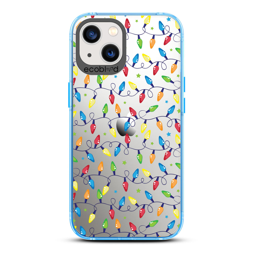 Winter Collection - Blue Compostable Laguna iPhone 13 Case With Colorful Christmas Lights & Stars On A Clear Back