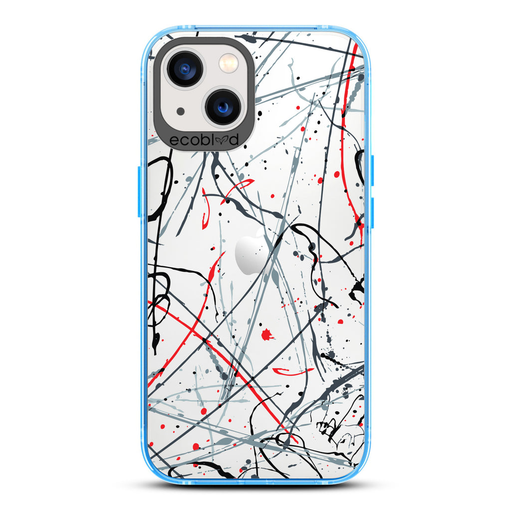 Contemporary Collection - Blue Compostable iPhone 13 Case - Black & Red Paint Splatter On A Clear Back