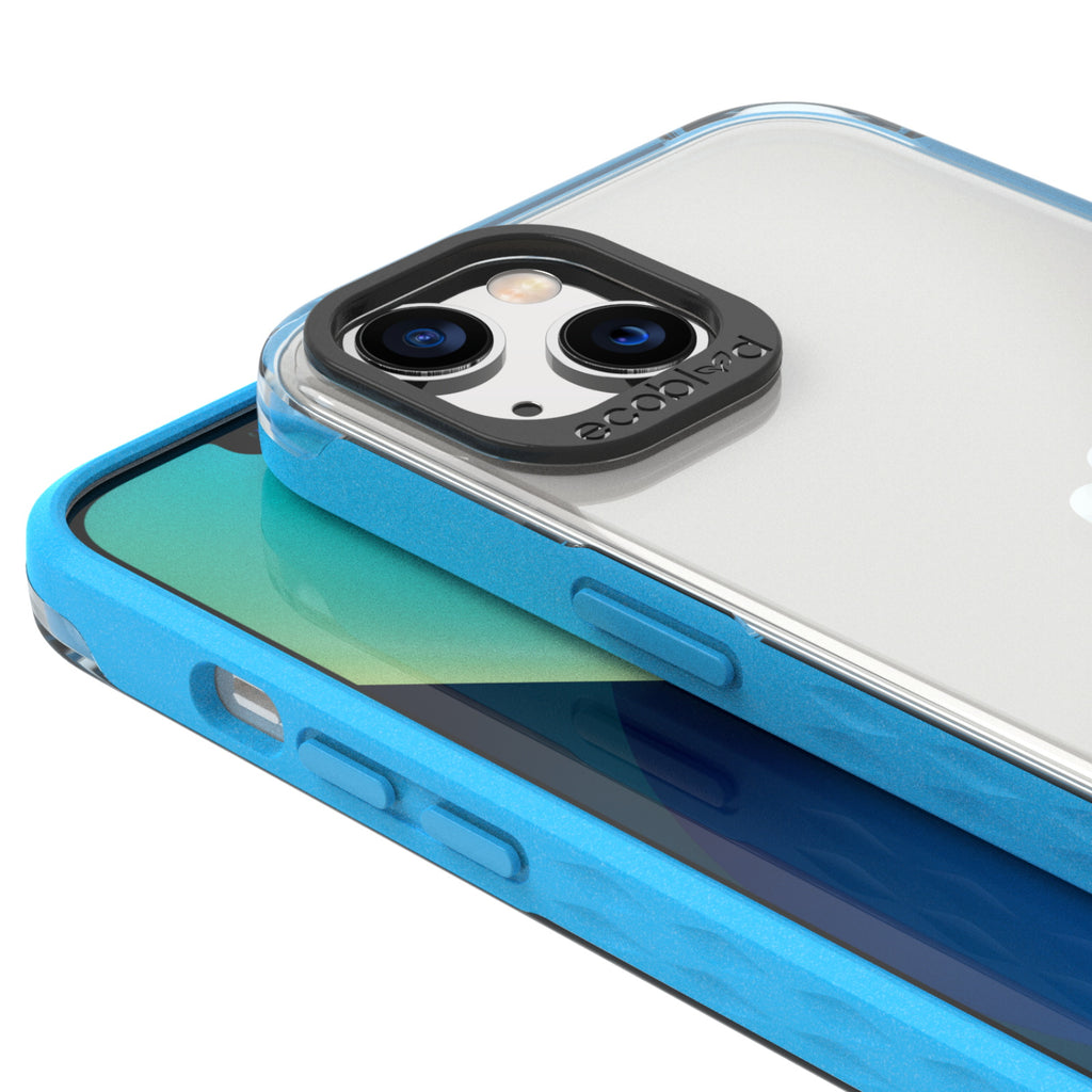 View Of Raised Camera Ring & Raised Edges On Blue iPhone 13 Laguna Case