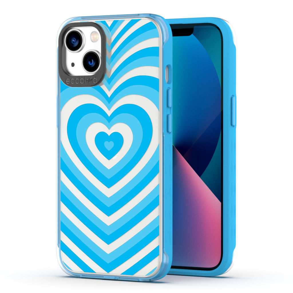 Back View Of Blue Eco-Friendly iPhone 13 Clear Case With The Tunnel Of Love Design & Front View Of Screen