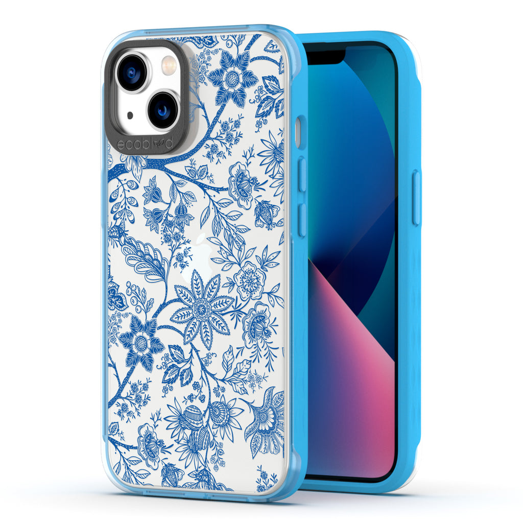 Back View Of Compostable Blue iPhone 13 Timeless Laguna Case With The Flower Crown Design & Front View Of The Screen