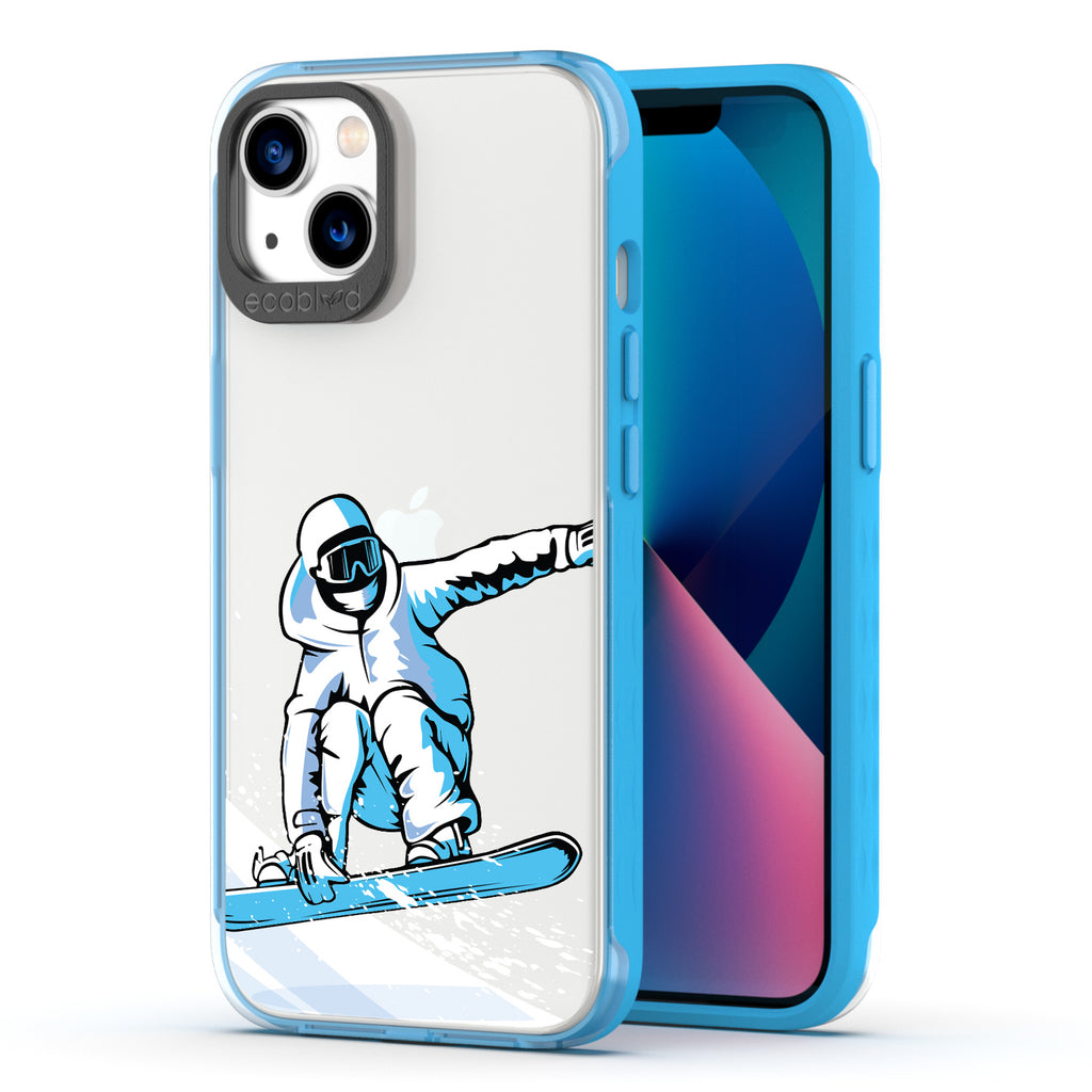 Winter Collection - Blue Eco-Friendly iPhone 13 Case - A Snowboarder Jumps While Holding The Board On A Clear Back