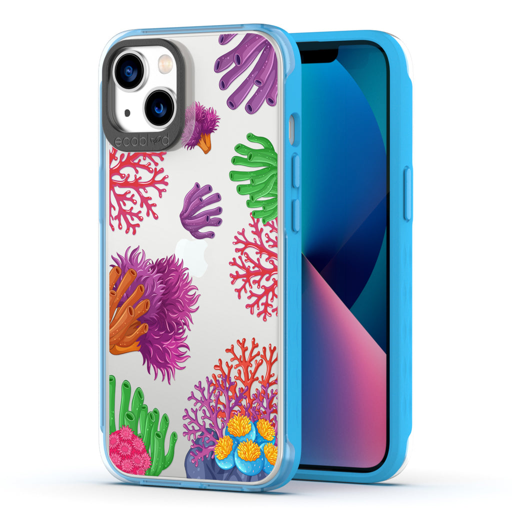 Back View Of Blue Compostable iPhone 13 Laguna Case With The Coral Reef Design & Front View Of The Screen