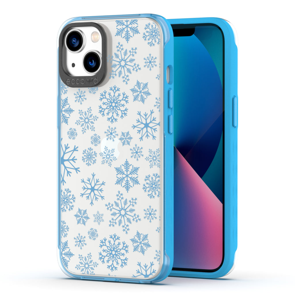 Back View Of Eco-Friendly Blue Phone 13 Winter Laguna Case With The Let It Snow Design & Front View Of The Screen
