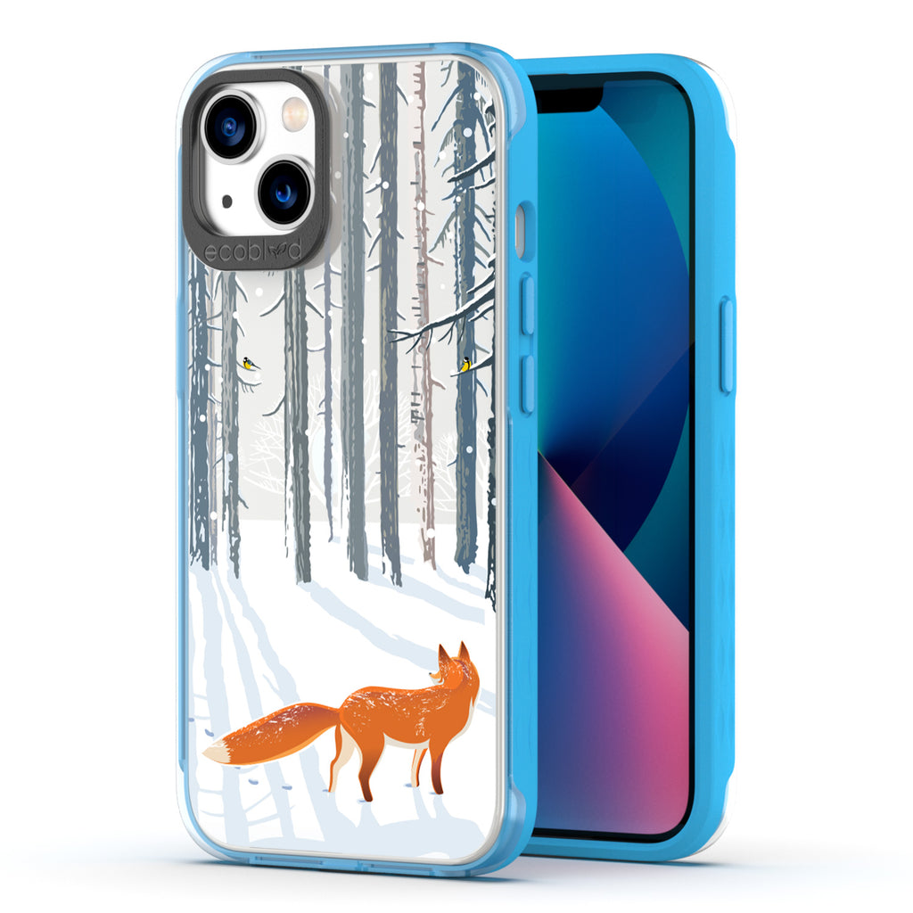 Back View Of Blue Compostable iPhone 13 Clear Case With The Fox Trot In The Snow Design & Front View Of Screen