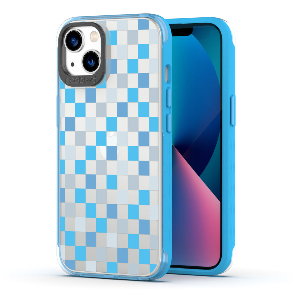 Back View Of The Blue iPhone 13 Laguna Case With The Checkered Print Design On A Clear Back And Frontal View Of The Screen