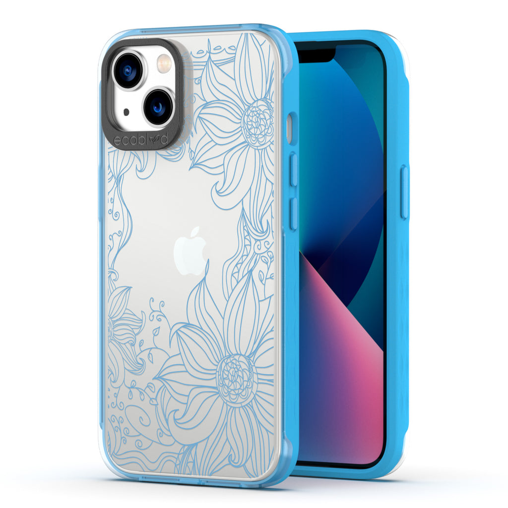 Back View Of Blue Compostable iPhone 13 Laguna Case With The Flower Stencil Design & Front View Of The Screen