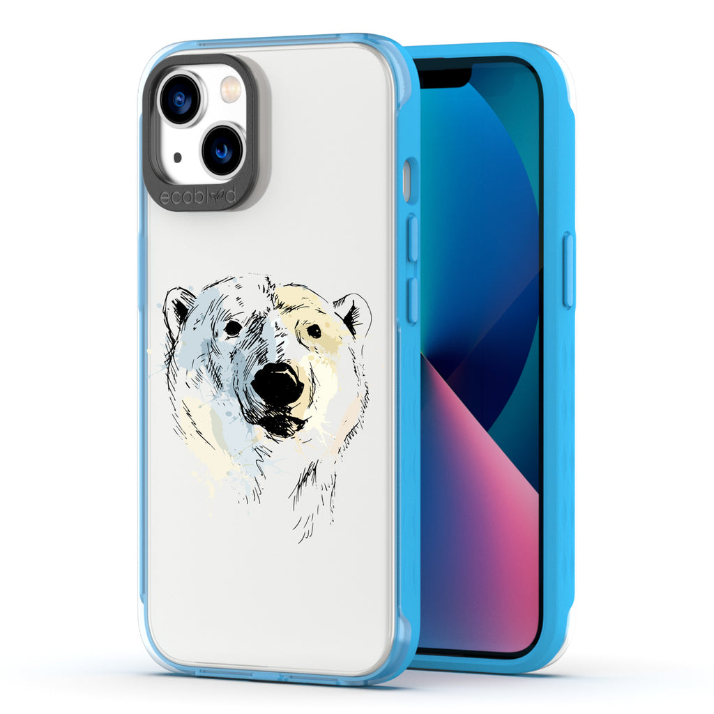 Back View Of Blue Eco-Friendly iPhone 13 Clear Case With The Polar Bear Design & Front View Of Screen