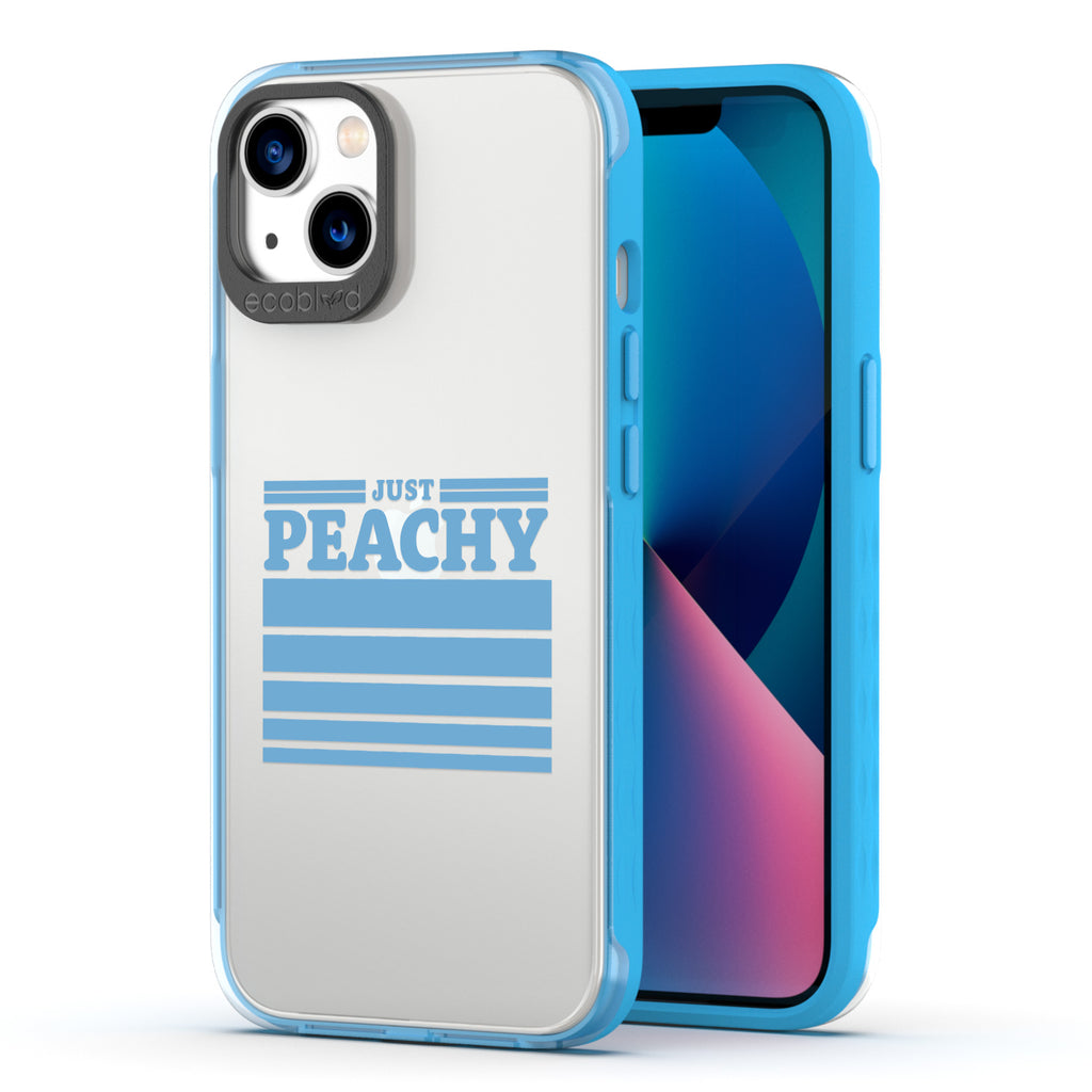 Back View Of The Blue Eco-Friendly iPhone 13 Laguna Case With Just Peachy Design & Front View Of The Screen