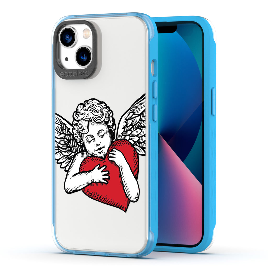 Back View Of Blue Eco-Friendly iPhone 13 Clear Case With The Cupid Design & Front View Of Screen