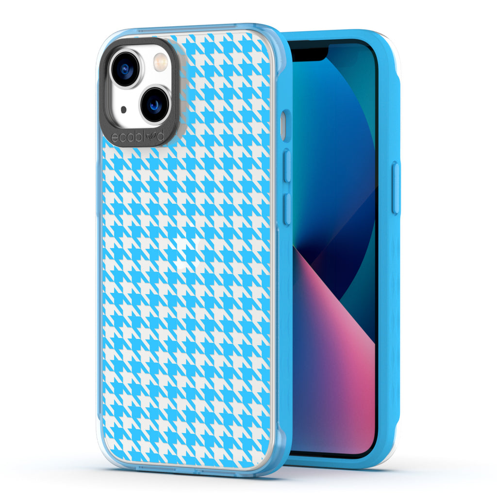 Back View Of Eco-Friendly Blue iPhone 13 Timeless Laguna Case With Houndstooth Design & Front View Of Screen