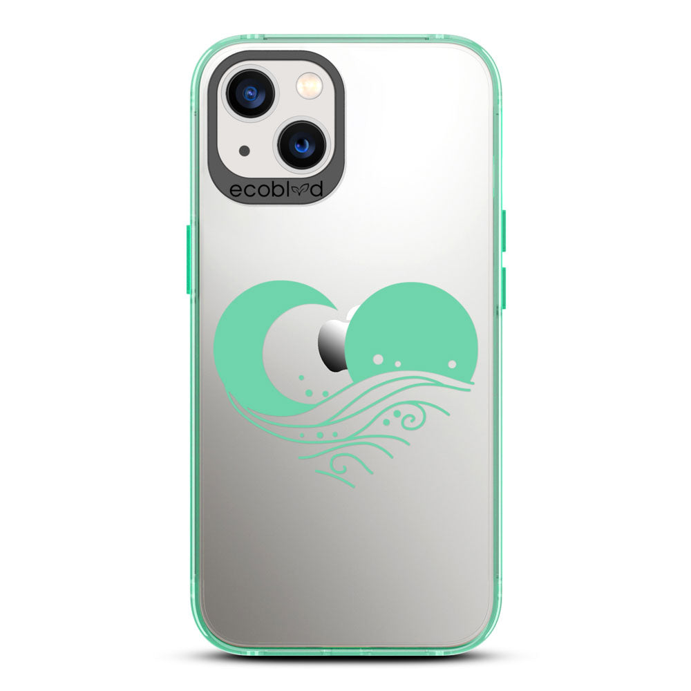 Laguna Collection - Green Compostable iPhone 13 Case With The Sun, Moon & A Wave Forming A Heart On A Clear Back