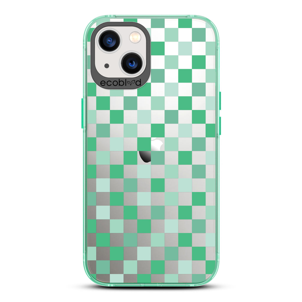 Laguna Collection - Green Eco-Friendly iPhone 13 Case With A Checkered Print Pattern On A Clear Back - Compostable