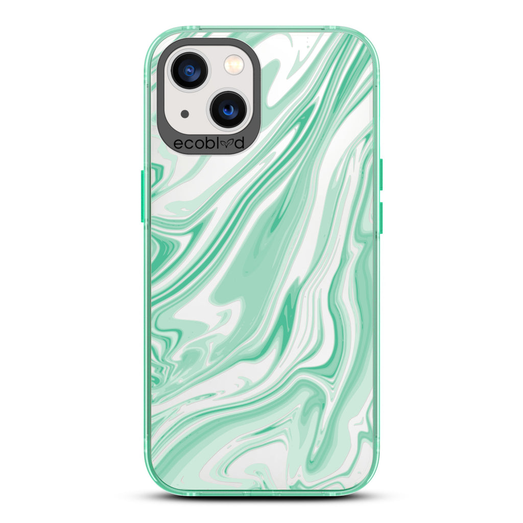Timeless Collection - Green Laguna Compostable iPhone 13 Case With Marble Swirls On a Clear Back